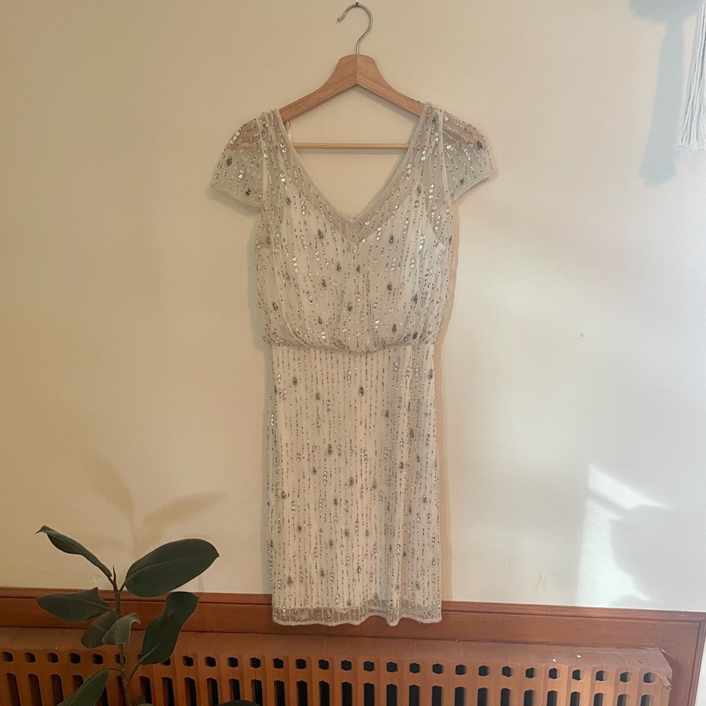 Adrianna Papell Beaded Cocktail Dress in Ivory/Silver